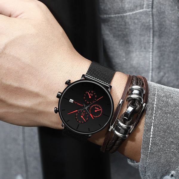 Stainless Steel Auto Date Mesh Strap Men Fashion Casual Quartz Watches