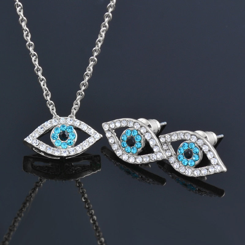 Blue Rhinestone Eye Necklace Earring Jewelry Set