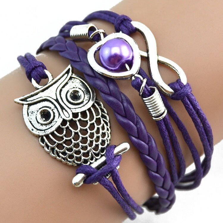 on hand Infinity Owl Pearl  Multilayer Charm Leather Bracelets