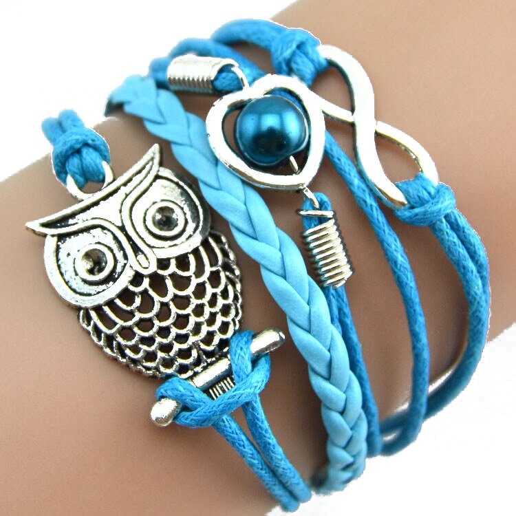 on hand Infinity Owl Pearl  Multilayer Charm Leather Bracelets