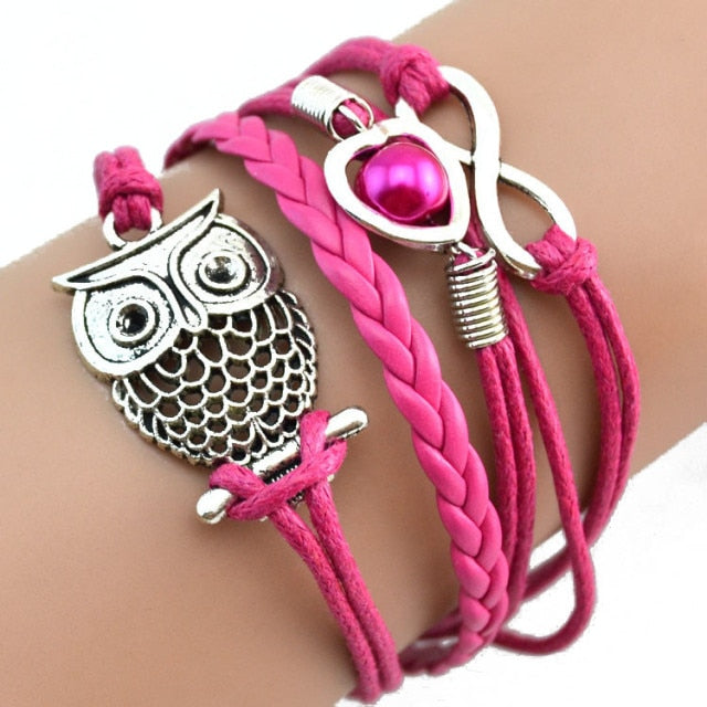 on hand Infinity Owl Pearl  Multilayer Charm Leather Bracelets