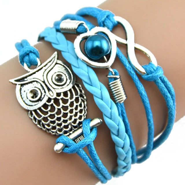 on hand Infinity Owl Pearl  Multilayer Charm Leather Bracelets