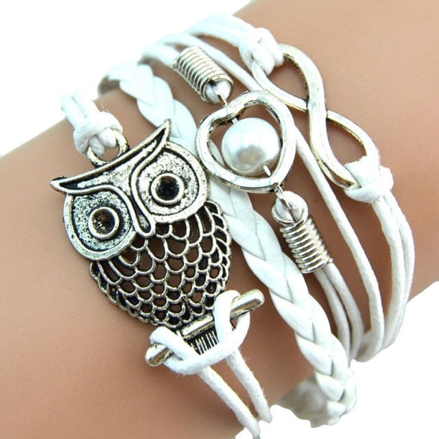 on hand Infinity Owl Pearl  Multilayer Charm Leather Bracelets