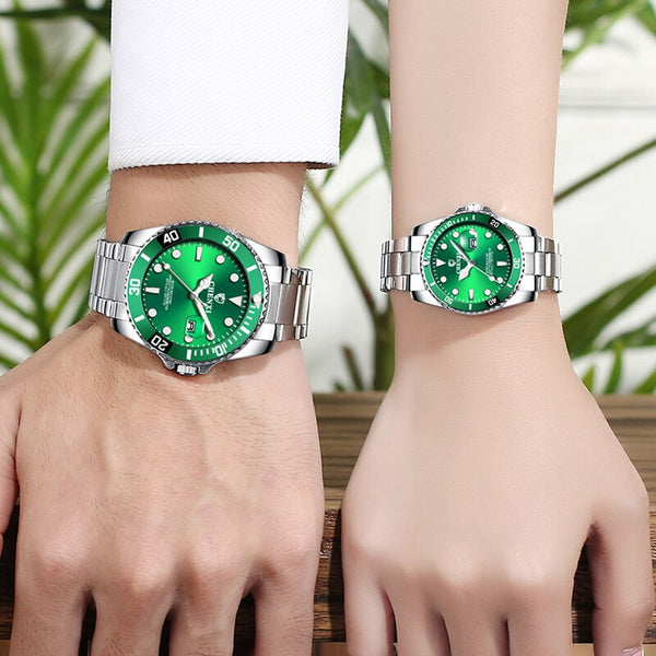 1 par de relojes de cuarzo de acero inoxidable para hombre y mujer con caja