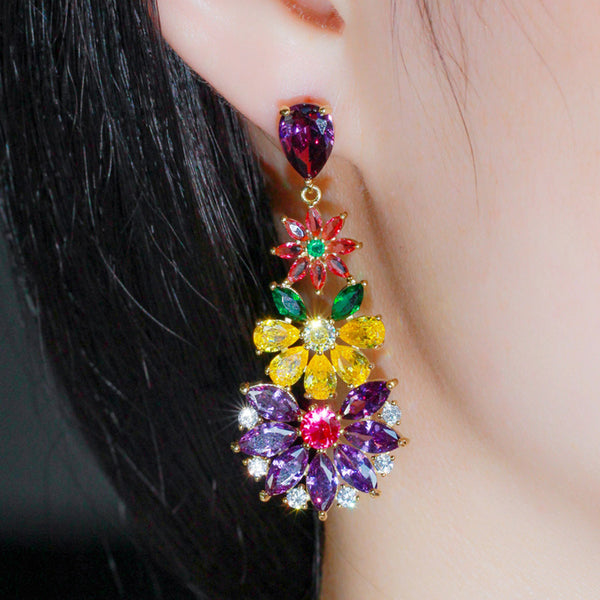 Red Yellow Purple Crystal Topaz 925 Silver Pin Long Big Flower Drop Dangle Earrings