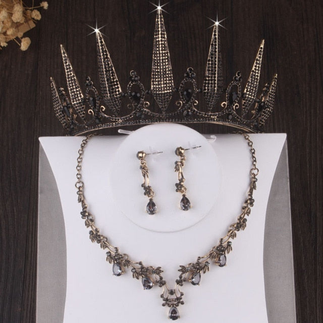 Baroque Retro Gold Black Geometric Crystal Bridal Jewelry Sets