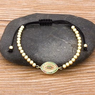 Hand Evil Eye Copper CZ Beads Adjustable Bracelet