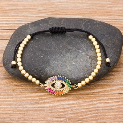Hand Evil Eye Copper CZ Beads Adjustable Bracelet