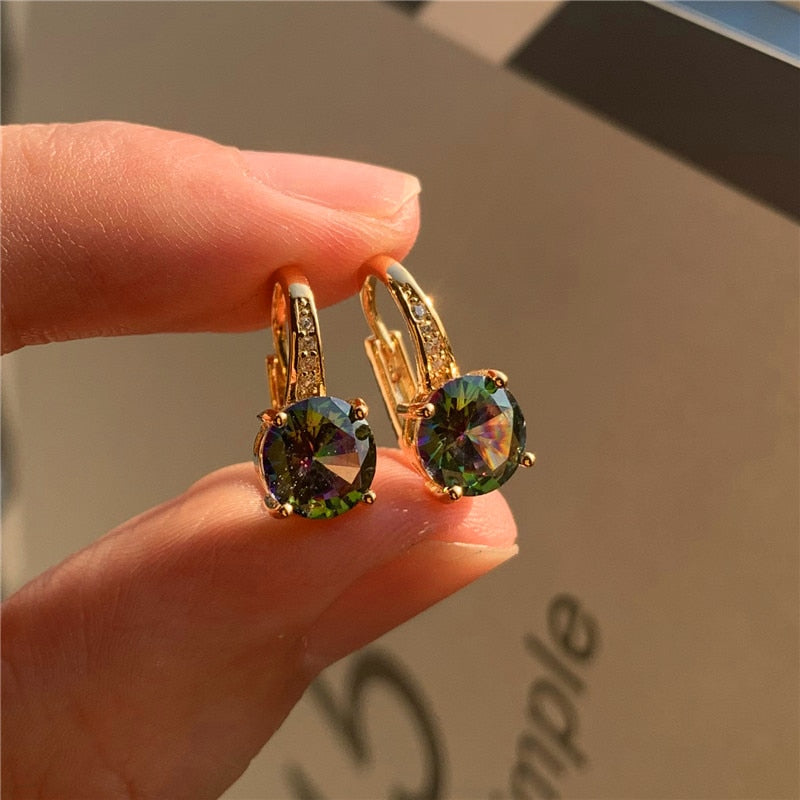 Charm Female Crystal Rainbow Stone Earrings Rose Gold Silver Color Clip Earrings