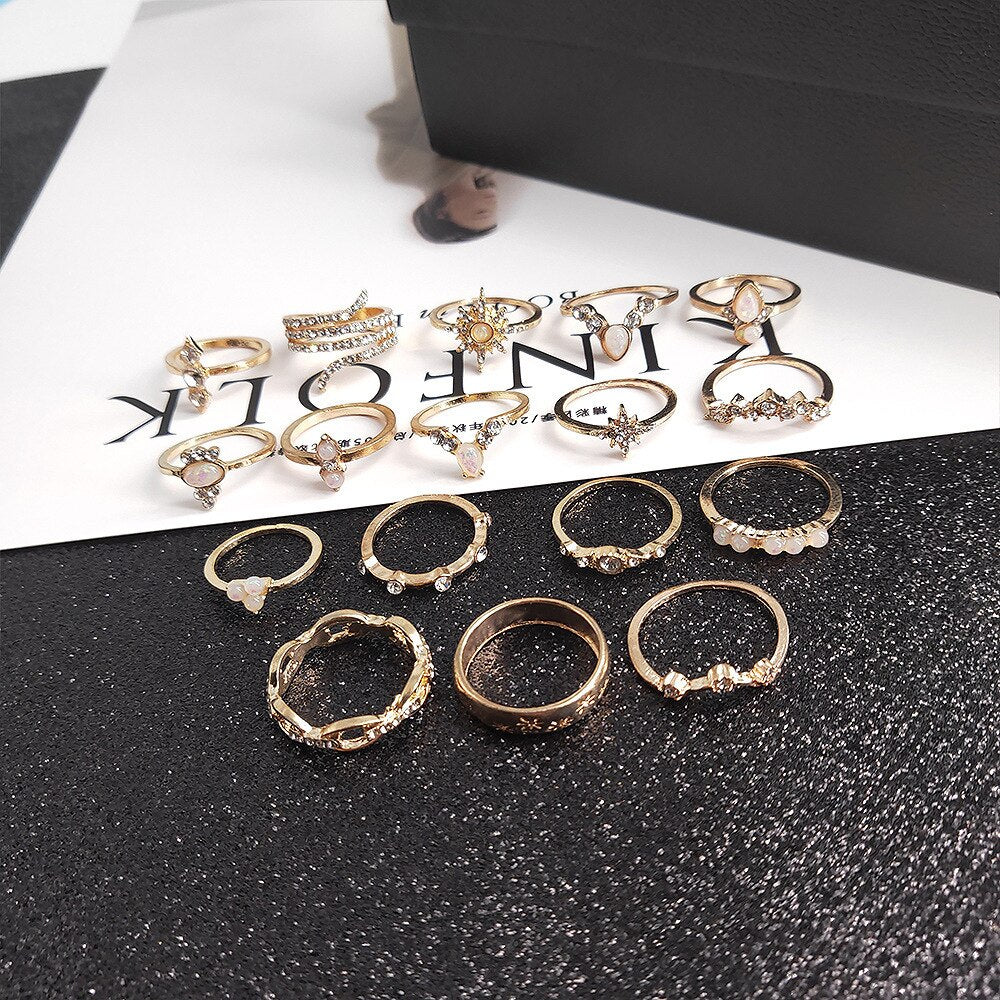 Fashion Crystal Gold color  Geometric Knuckle Rings set