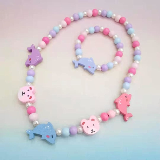 Cute Cartoon Wooden Flower Animal Child Sweater Necklace