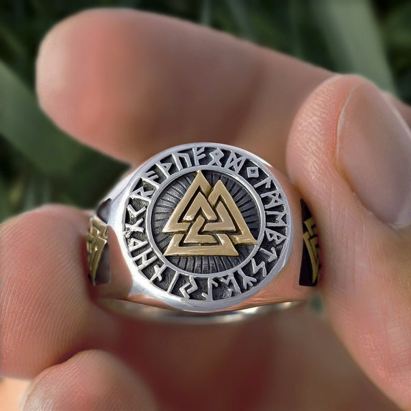 Viking Mens Gold 316L Stainless Steel Amulet Ring Triangle Odin Vegvisir Rings