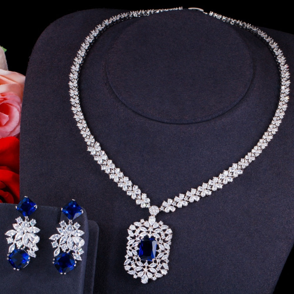 Zircons Shiny White Gold Color Royal Blue Necklace and Earrings Jewelry Set