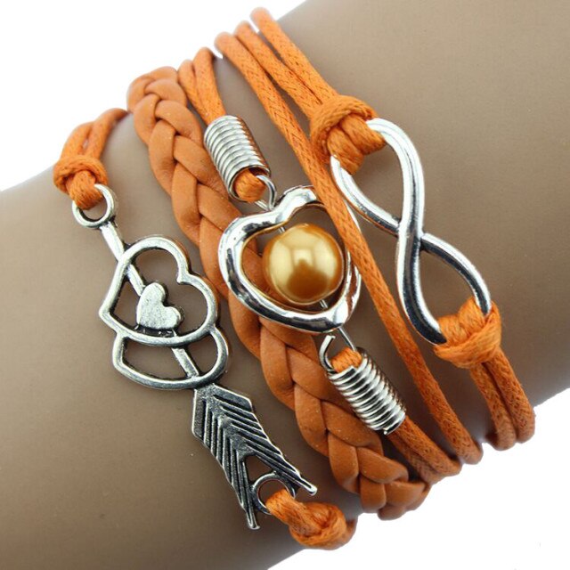 on hand Infinity Owl Pearl  Multilayer Charm Leather Bracelets