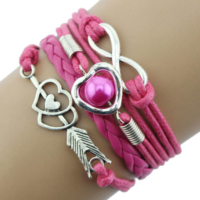 on hand Infinity Owl Pearl  Multilayer Charm Leather Bracelets