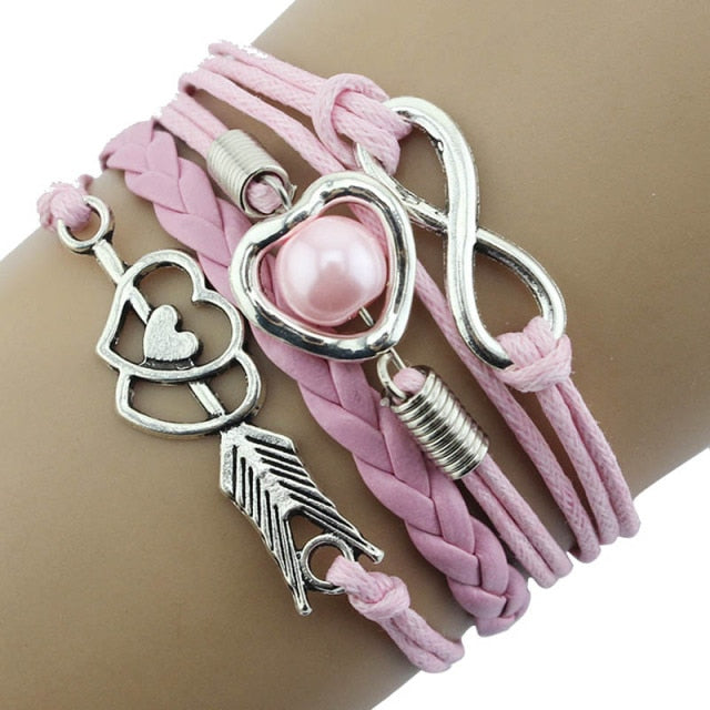 on hand Infinity Owl Pearl  Multilayer Charm Leather Bracelets