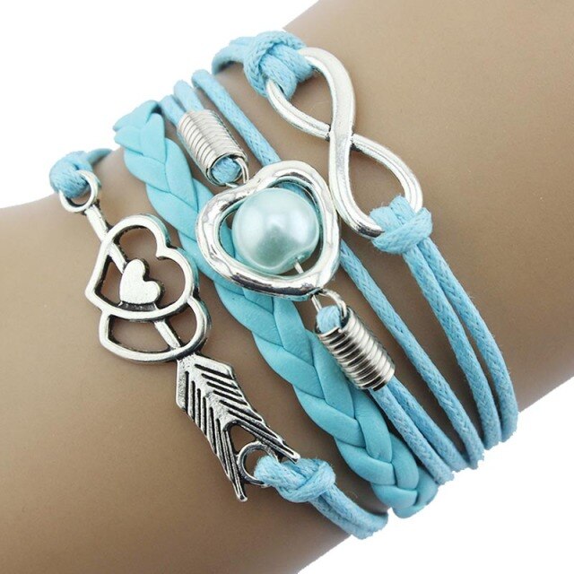 on hand Infinity Owl Pearl  Multilayer Charm Leather Bracelets