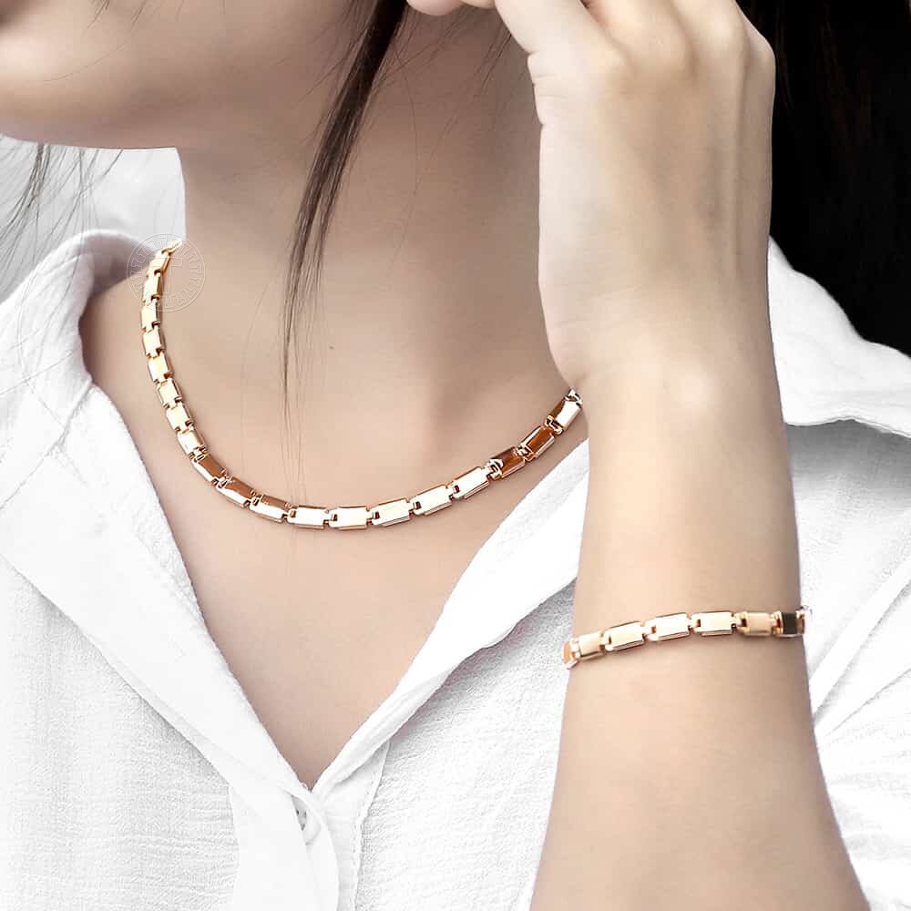 Rose Gold Braided Foxtail Bead Link Chain Necklace Bracelet Set