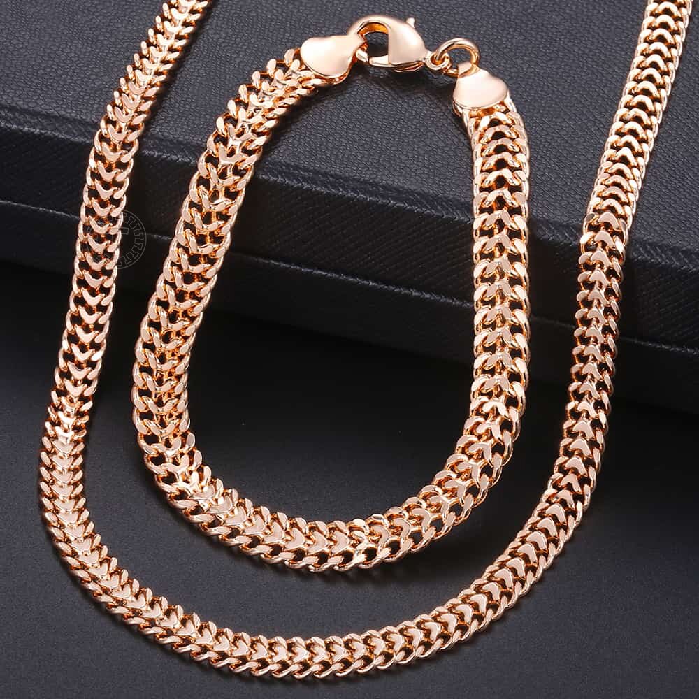 Rose Gold Braided Foxtail Bead Link Chain Necklace Bracelet Set
