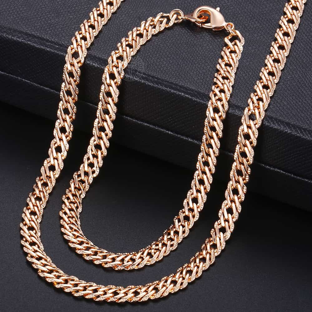 Rose Gold Braided Foxtail Bead Link Chain Necklace Bracelet Set
