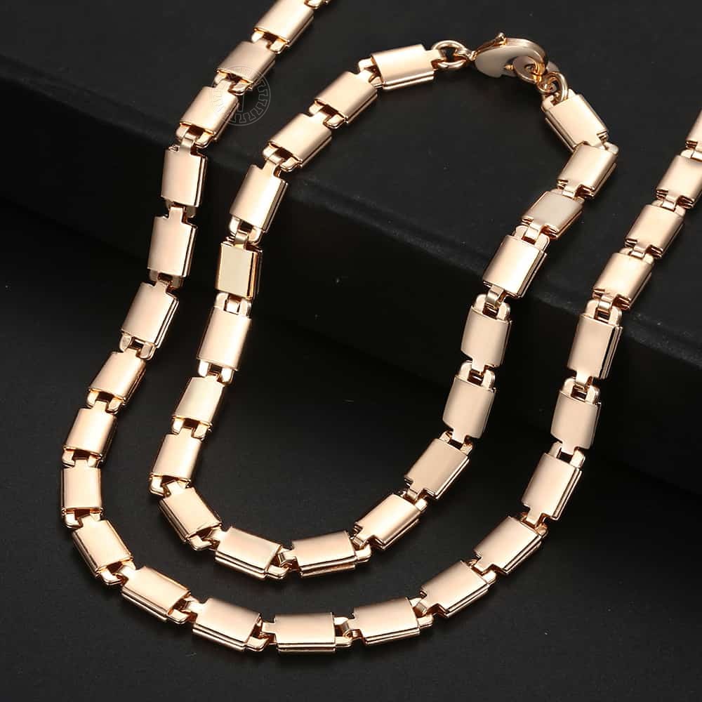 Rose Gold Braided Foxtail Bead Link Chain Necklace Bracelet Set