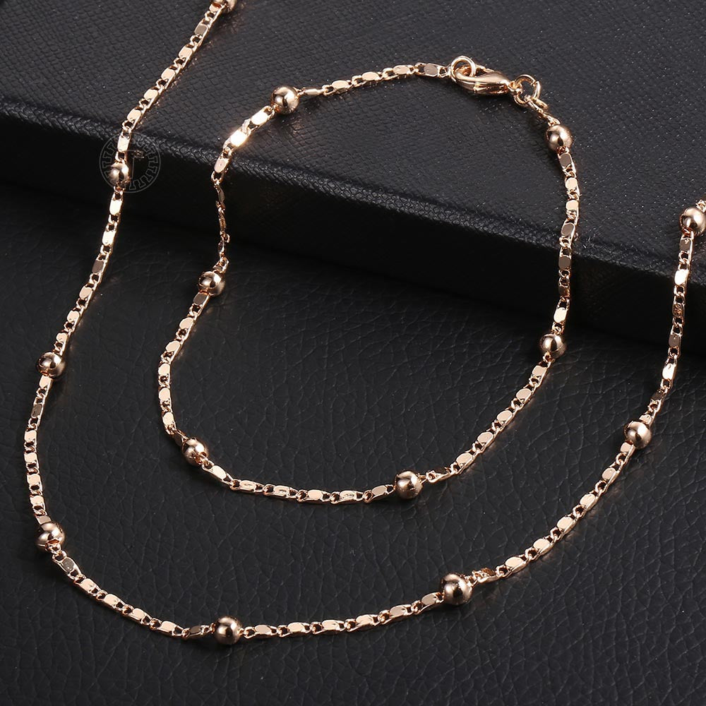 Rose Gold Braided Foxtail Bead Link Chain Necklace Bracelet Set