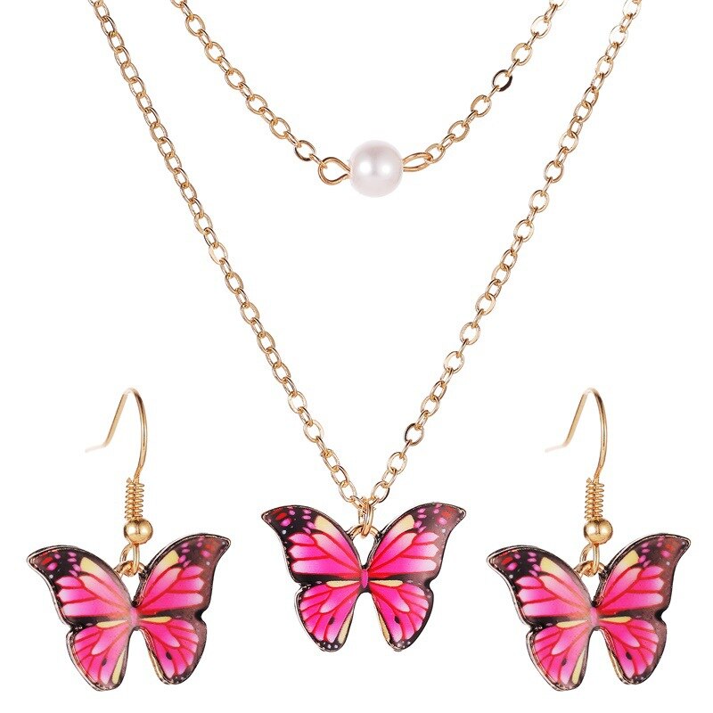 Cute Trendy Colorful Enamel Butterfly Pendant Women Jewelry Set