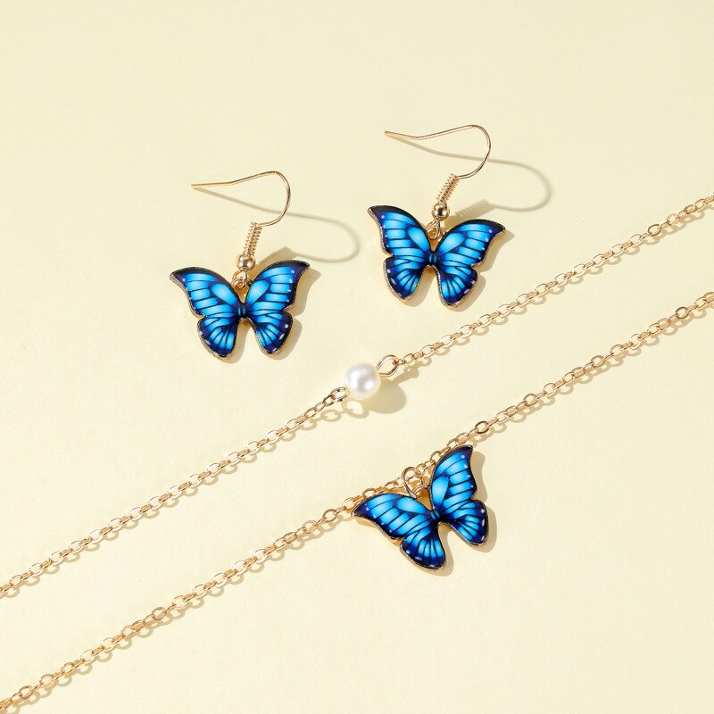 Cute Trendy Colorful Enamel Butterfly Pendant Women Jewelry Set