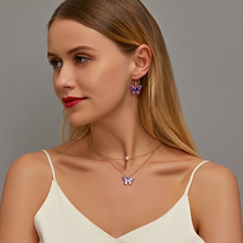 Cute Trendy Colorful Enamel Butterfly Pendant Women Jewelry Set