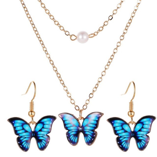 Cute Trendy Colorful Enamel Butterfly Pendant Women Jewelry Set