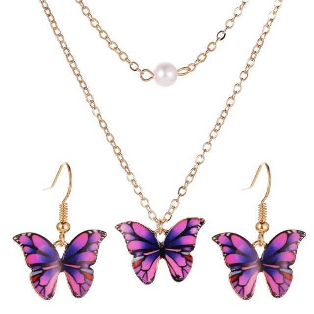 Cute Trendy Colorful Enamel Butterfly Pendant Women Jewelry Set
