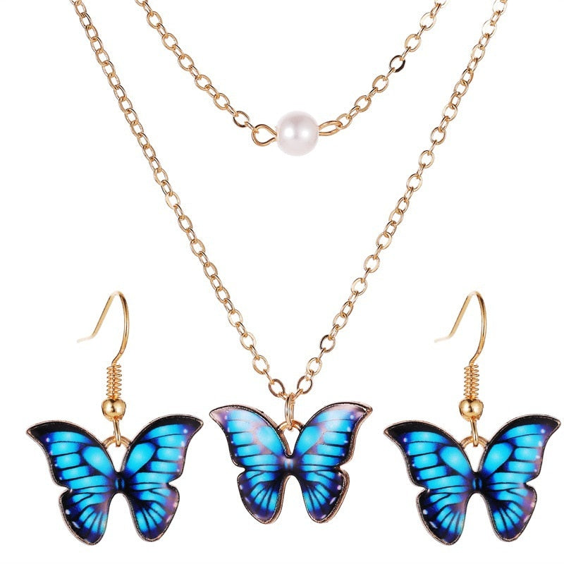 Cute Trendy Colorful Enamel Butterfly Pendant Women Jewelry Set