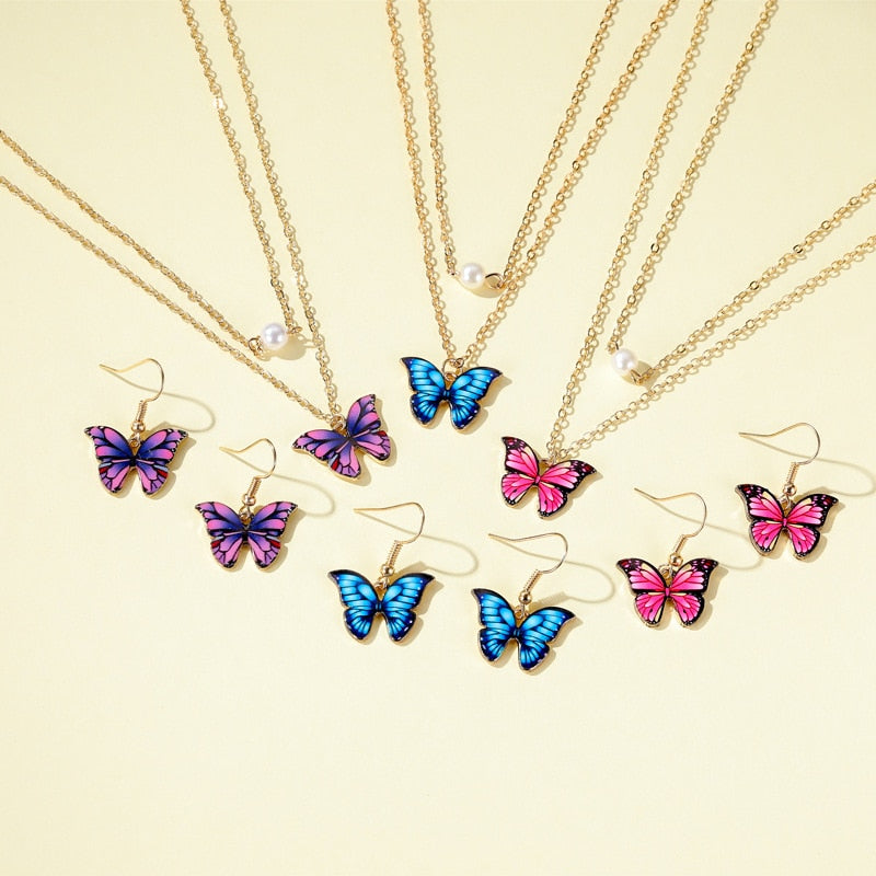 Cute Trendy Colorful Enamel Butterfly Pendant Women Jewelry Set
