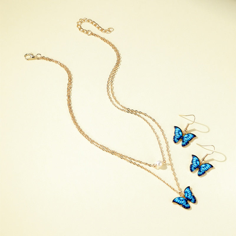 Cute Trendy Colorful Enamel Butterfly Pendant Women Jewelry Set