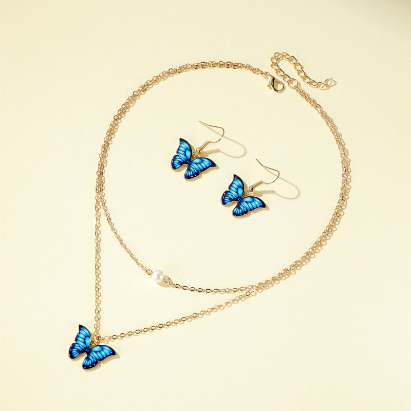 Cute Trendy Colorful Enamel Butterfly Pendant Women Jewelry Set