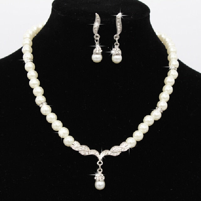 Elegant  Pearl Rhinestone Necklace Earrings Jewelry Set
