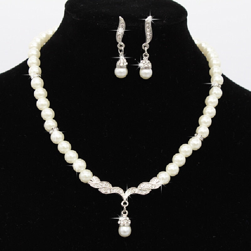 Elegant  Pearl Rhinestone Necklace Earrings Jewelry Set