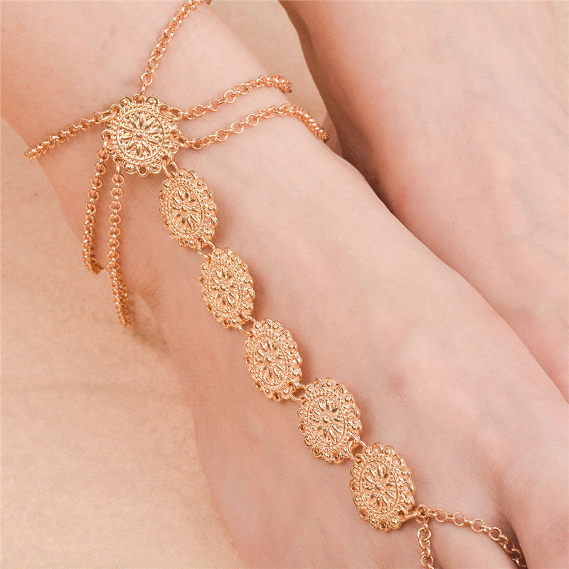 Vintage Ankle Bracelet Round Carving Flower Coins Anklet
