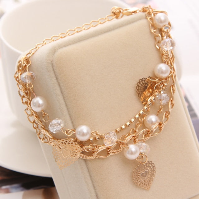 Mulitlayer Gold Color Chain Heart Bracelets & Bangles
