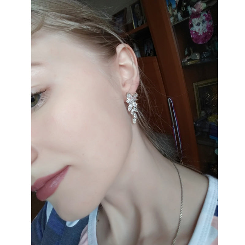 Marquise Cut Flower Zirconia Crystal Long Drop Earrings