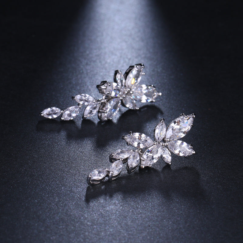 Marquise Cut Flower Zirconia Crystal Long Drop Earrings