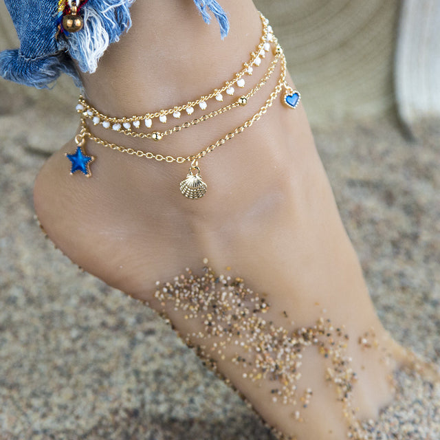 Multilayer Gold Color Foot Chain Flower Crystal Dangle