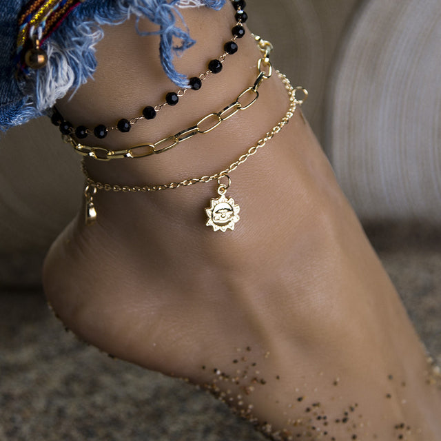 Multilayer Gold Color Foot Chain Flower Crystal Dangle