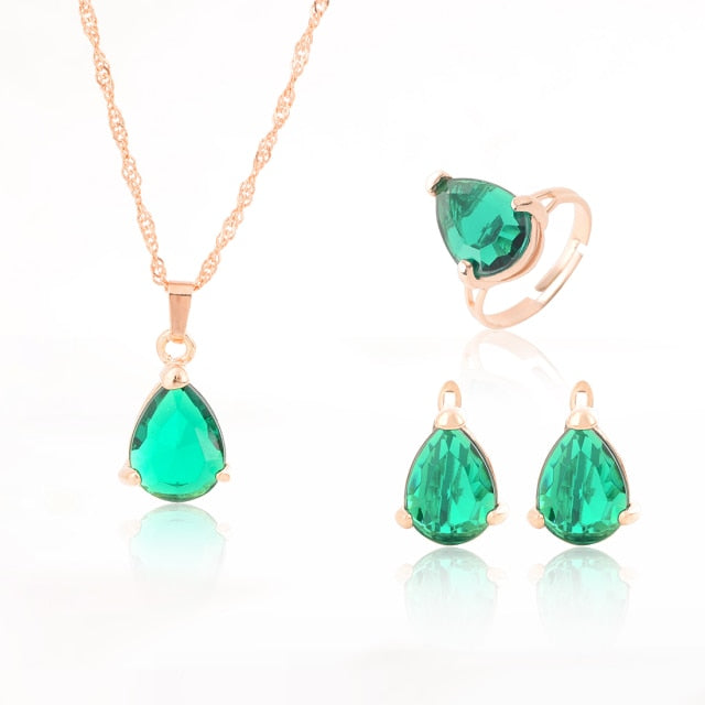 Brides Gold-Color Zirconia Earring Pendant Necklace Ring Sets