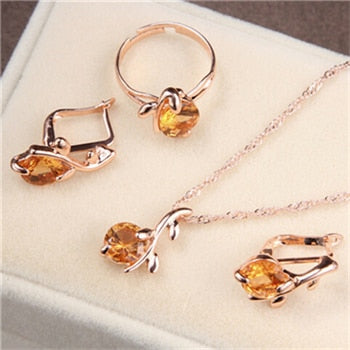 Brides Gold-Color Zirconia Earring Pendant Necklace Ring Sets