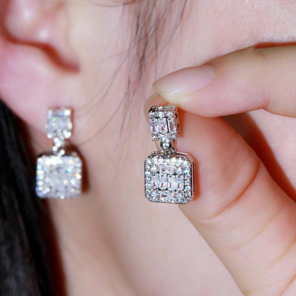 Classic Shiny White CZ Crystal Topaz  925 Silver Big Square Drop Dangle Earrings for Women