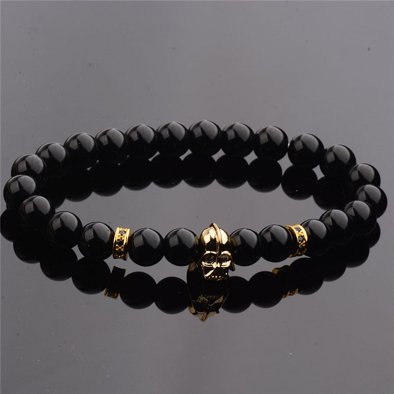 Mens CZ Beaded  Bright Black Lava Stone Bracelets