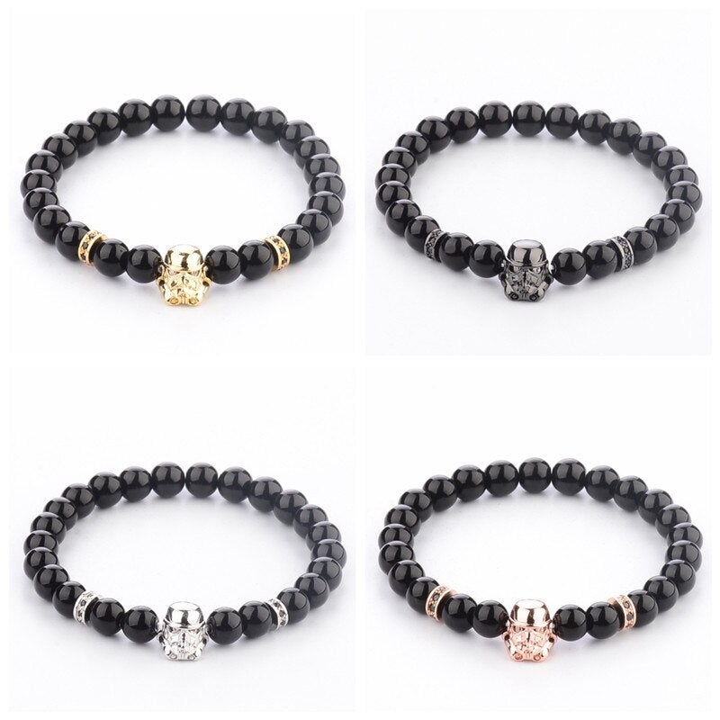 Mens CZ Beaded  Bright Black Lava Stone Bracelets