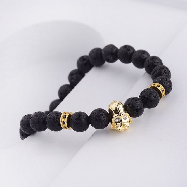 Mens CZ Beaded  Bright Black Lava Stone Bracelets