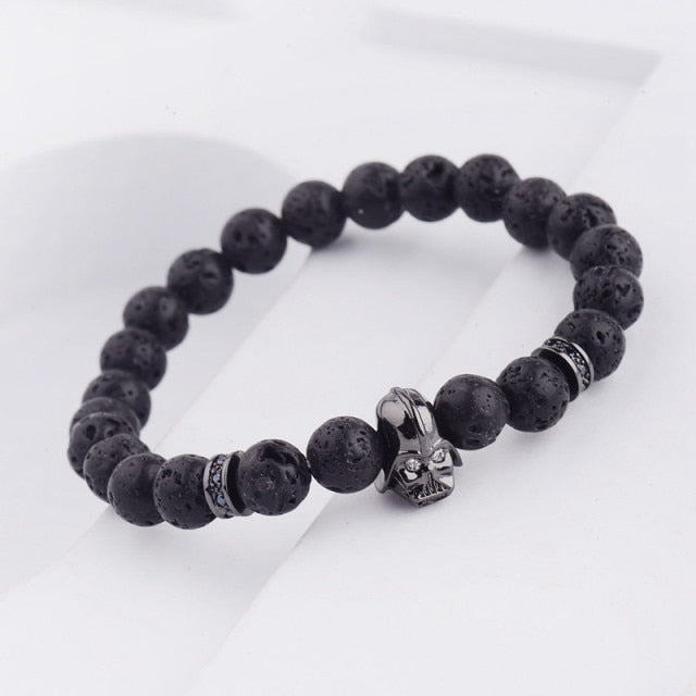 Mens CZ Beaded  Bright Black Lava Stone Bracelets